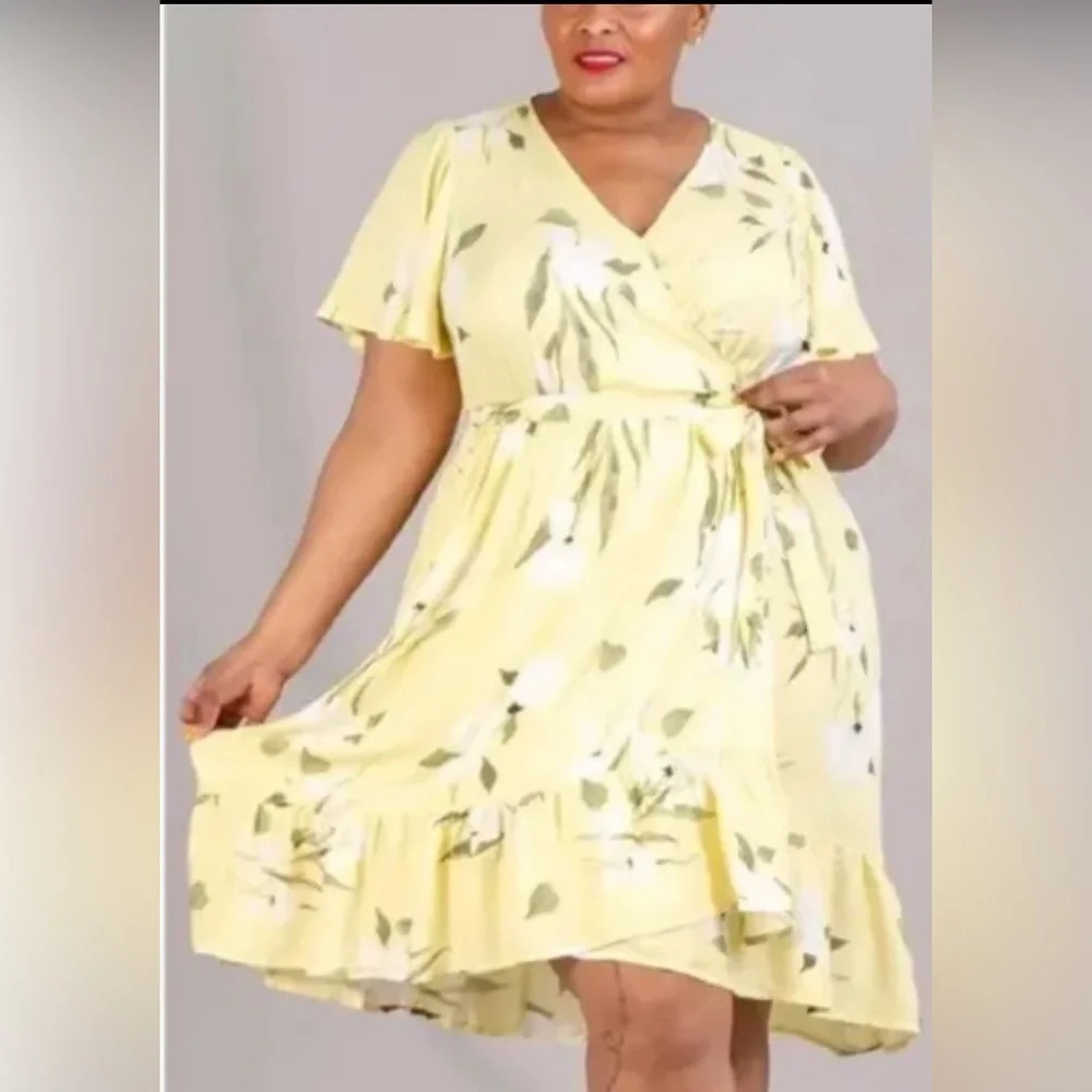RACHEL Rachel Roy Yellow Floral Wrapped Midi Dress Size 3X Summer Spring